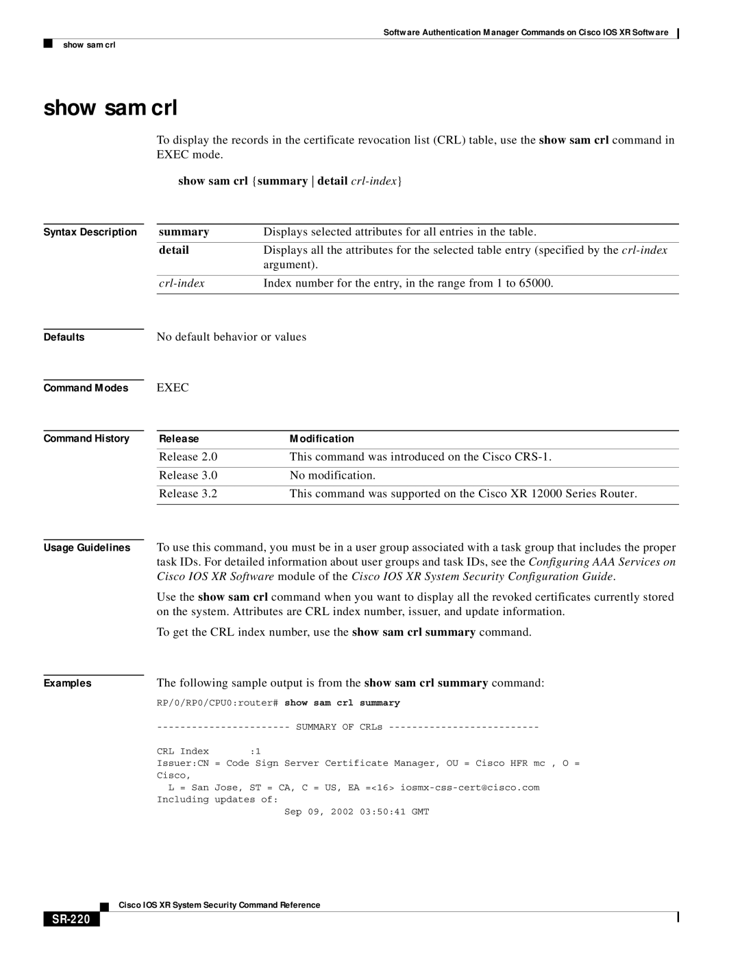 Cisco Systems SR-207 Show sam crl summary detail crl-index, Displays selected attributes for all entries in the table 