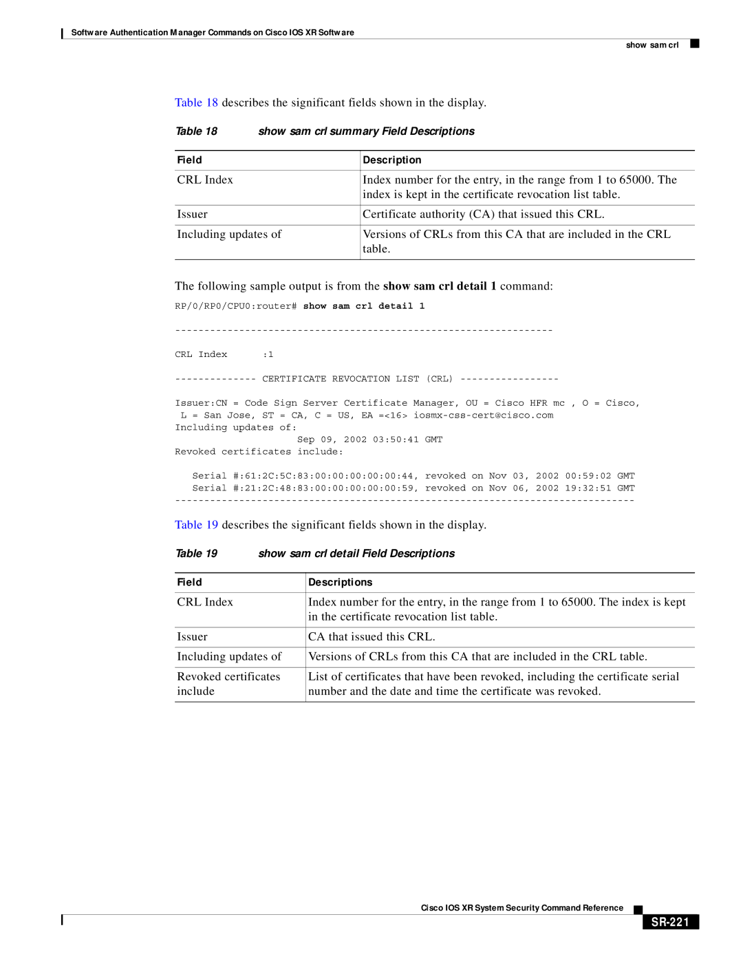 Cisco Systems SR-207 manual Field Description, SR-221 