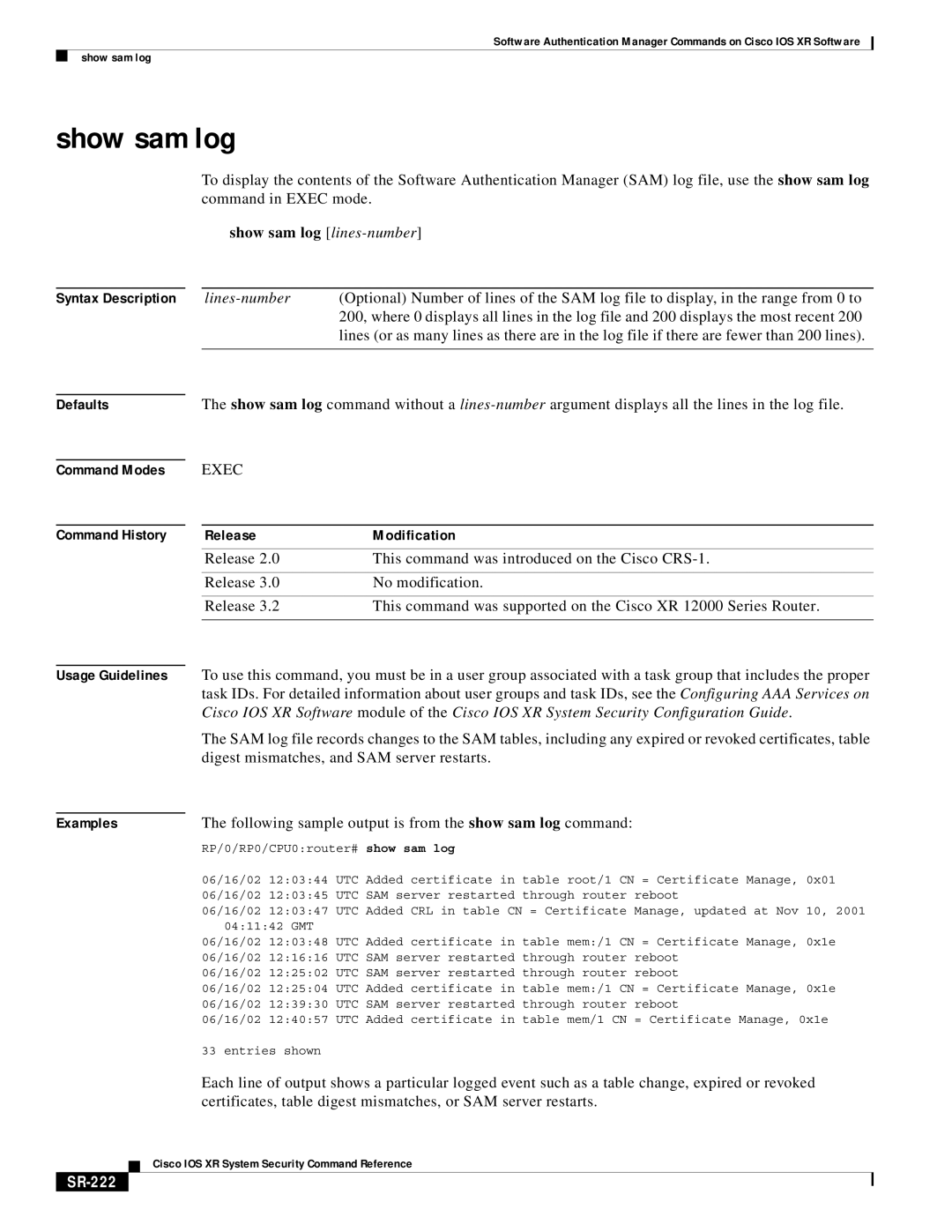 Cisco Systems SR-207 manual Show sam log lines-number, Following sample output is from the show sam log command, SR-222 