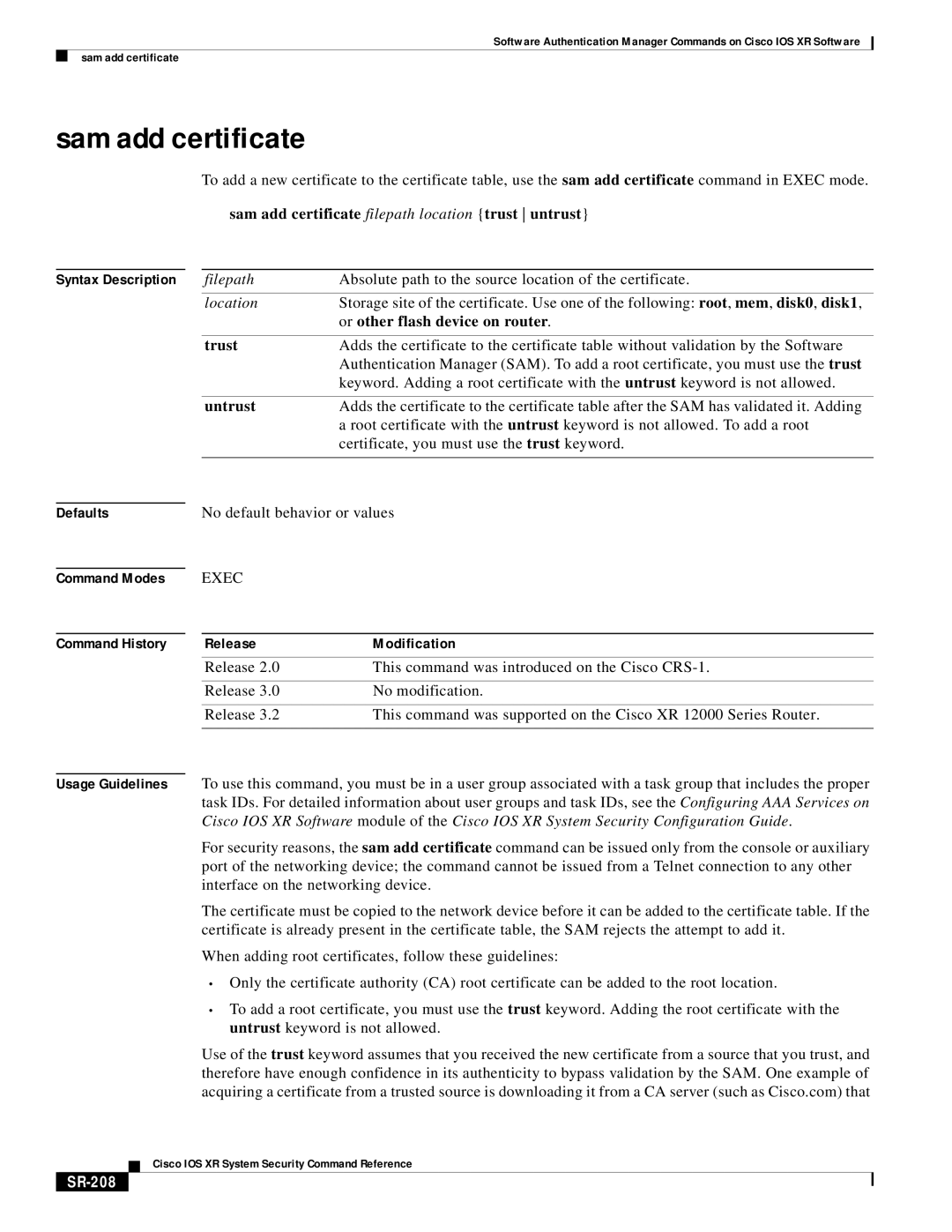 Cisco Systems SR-207 manual Sam add certificate filepath location trust untrust, Command Modes Command History, SR-208 