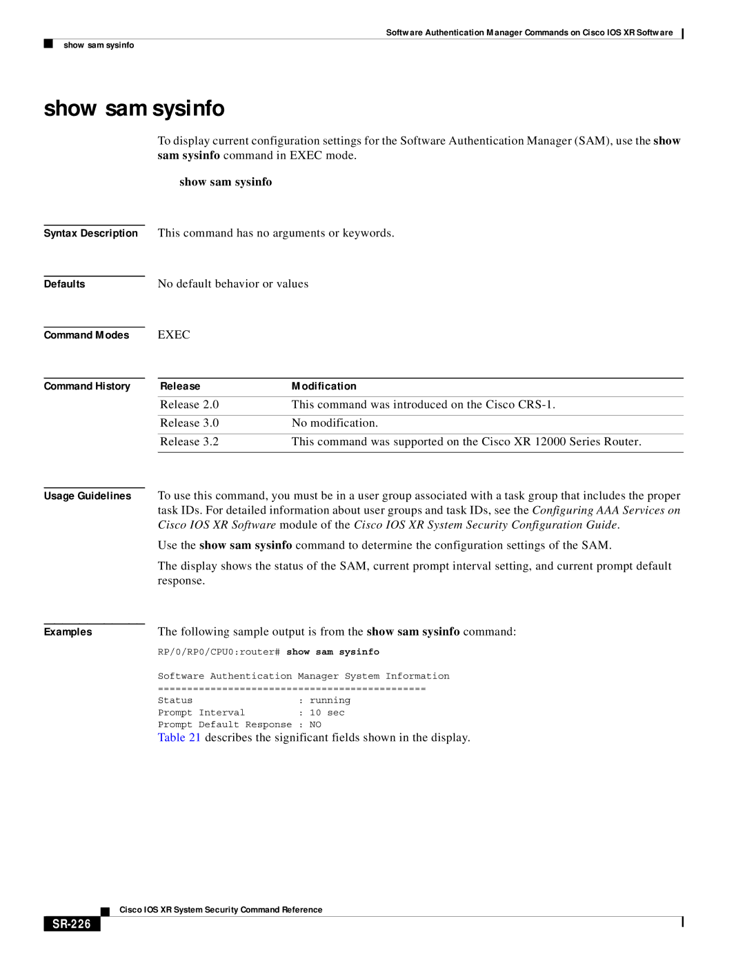 Cisco Systems SR-207 manual Show sam sysinfo, No default behavior or values, SR-226 