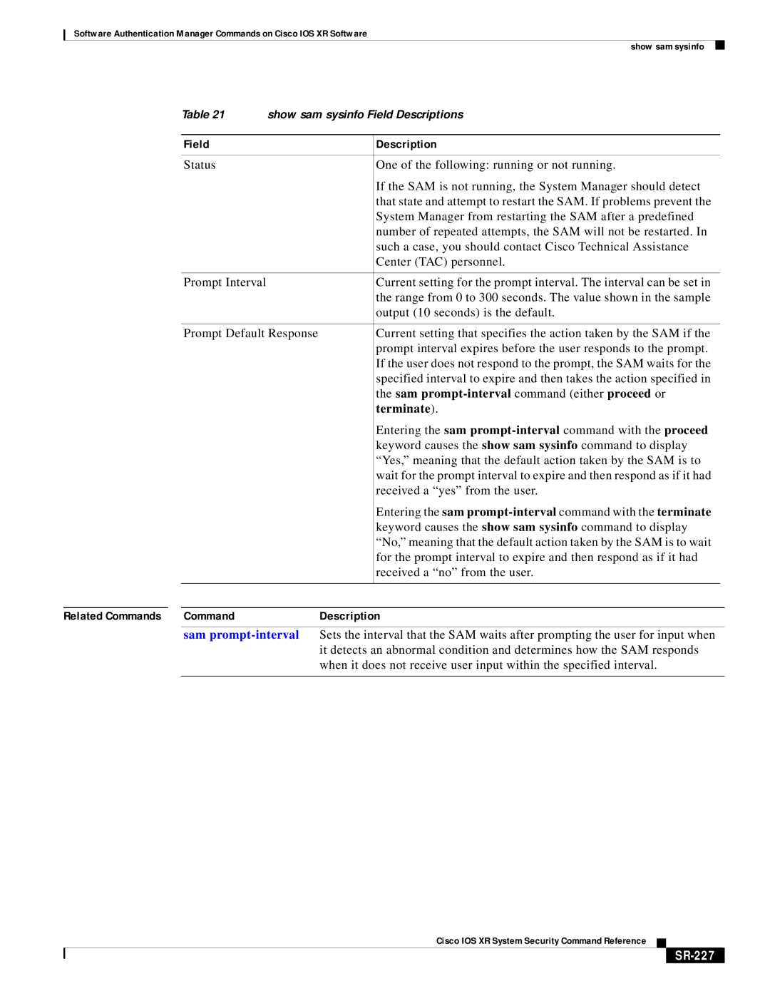 Cisco Systems SR-207 manual Sam prompt-interval command either proceed or Terminate, SR-227 