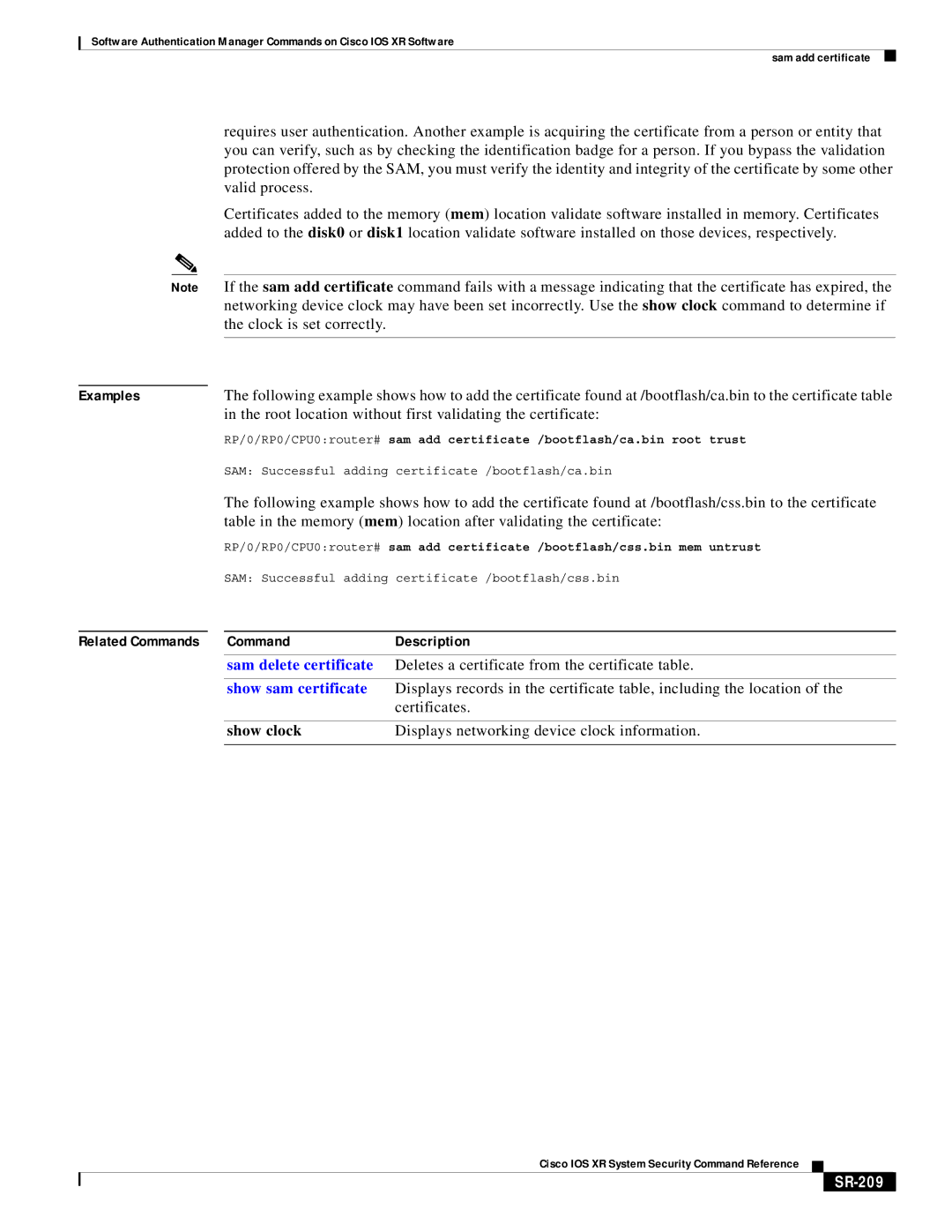 Cisco Systems SR-207 manual Examples, Command Description, Show clock, SR-209 