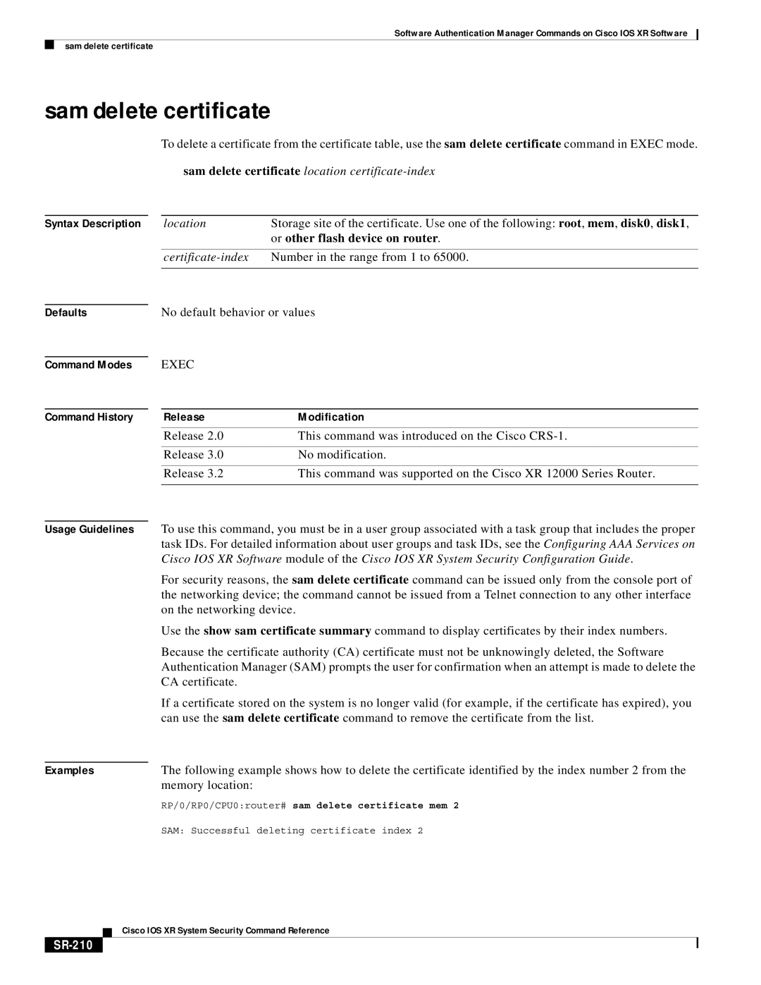 Cisco Systems SR-207 Sam delete certificate, Syntax Description Defaults Command Modes Command History, Usage Guidelines 