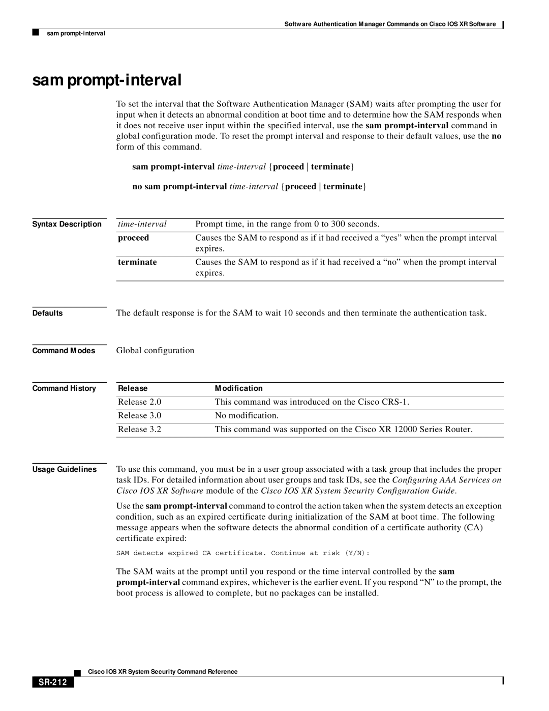 Cisco Systems SR-207 manual Sam prompt-interval, Global configuration, SR-212 