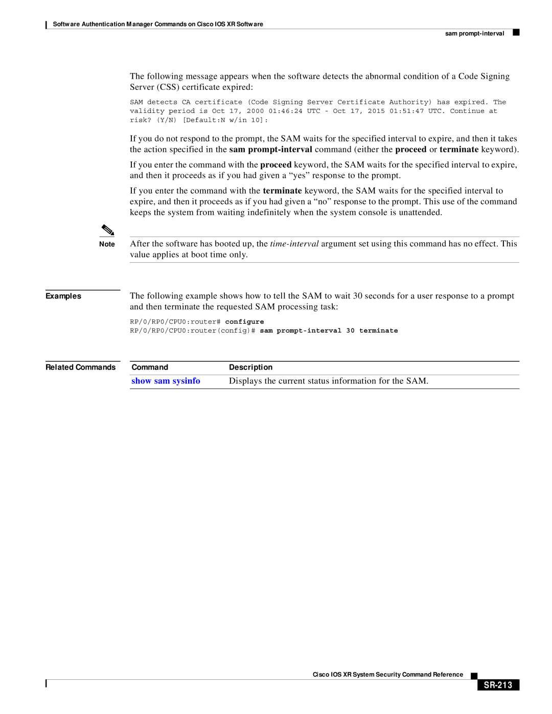 Cisco Systems SR-207 manual Server CSS certificate expired, Value applies at boot time only, SR-213 