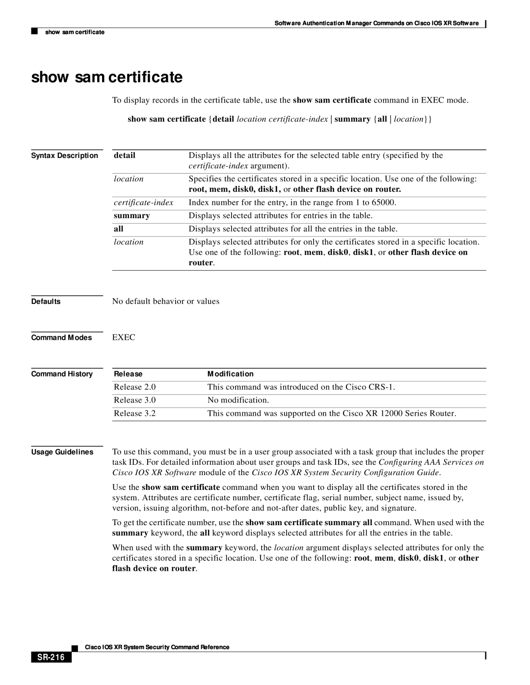 Cisco Systems SR-207 manual show sam certificate, detail, summary, router, Defaults, SR-216, Command Modes Command History 