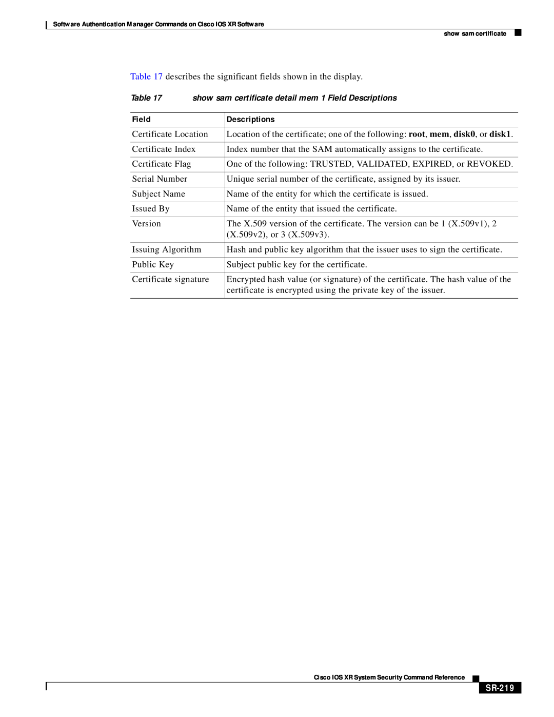 Cisco Systems SR-207 manual Descriptions, SR-219, Field 