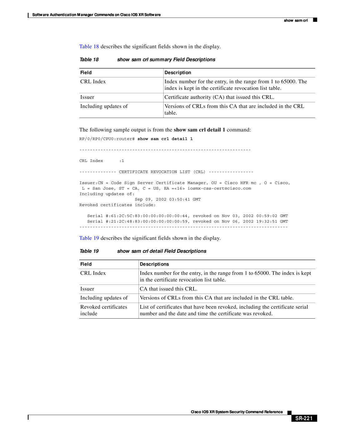 Cisco Systems SR-207 manual SR-221, Field, Descriptions 