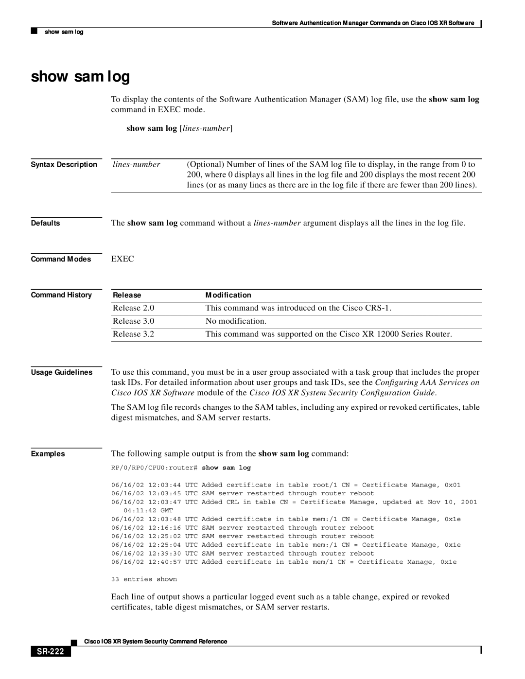 Cisco Systems SR-207 show sam log lines-number, SR-222, Defaults, Command Modes Command History, Release, Modification 