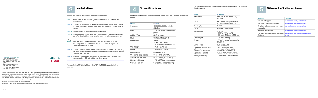 Cisco Systems SR2016, SR2024C manual Installation, Specifications, Where to Go From Here 