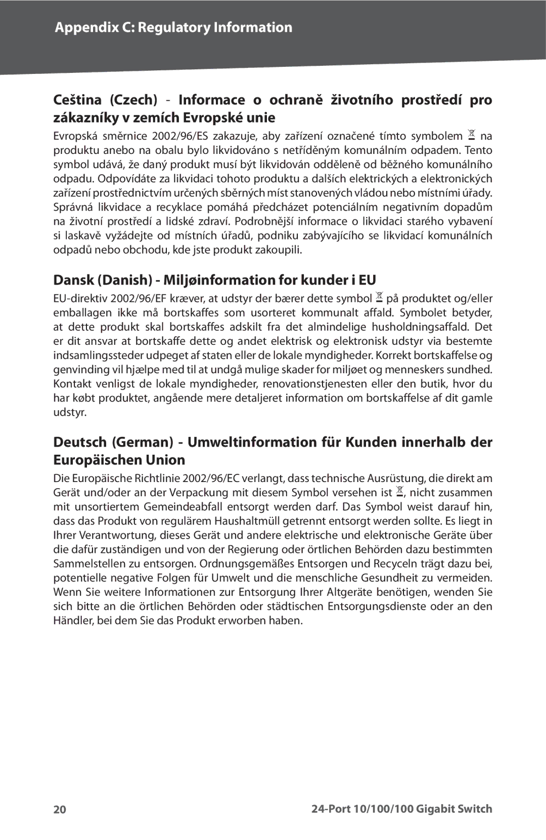 Cisco Systems SR2024 manual Dansk Danish Miljøinformation for kunder i EU 