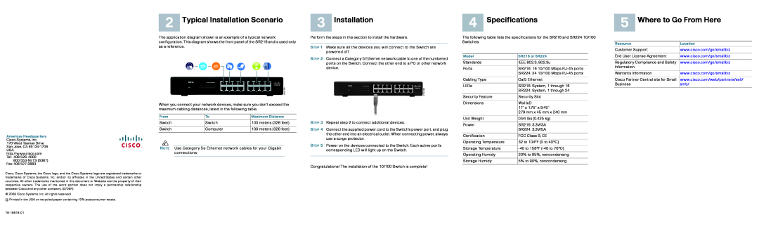 Cisco Systems SR216, SR224 quick start Typical Installation Scenario, Specifications, Where to Go From Here 