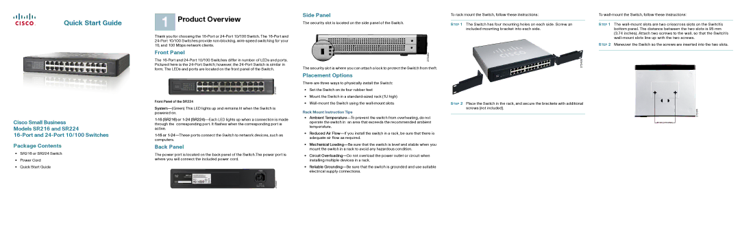 Cisco Systems SR224, SR216 quick start Product Overview, Front Panel, Back Panel, Side Panel, Placement Options 