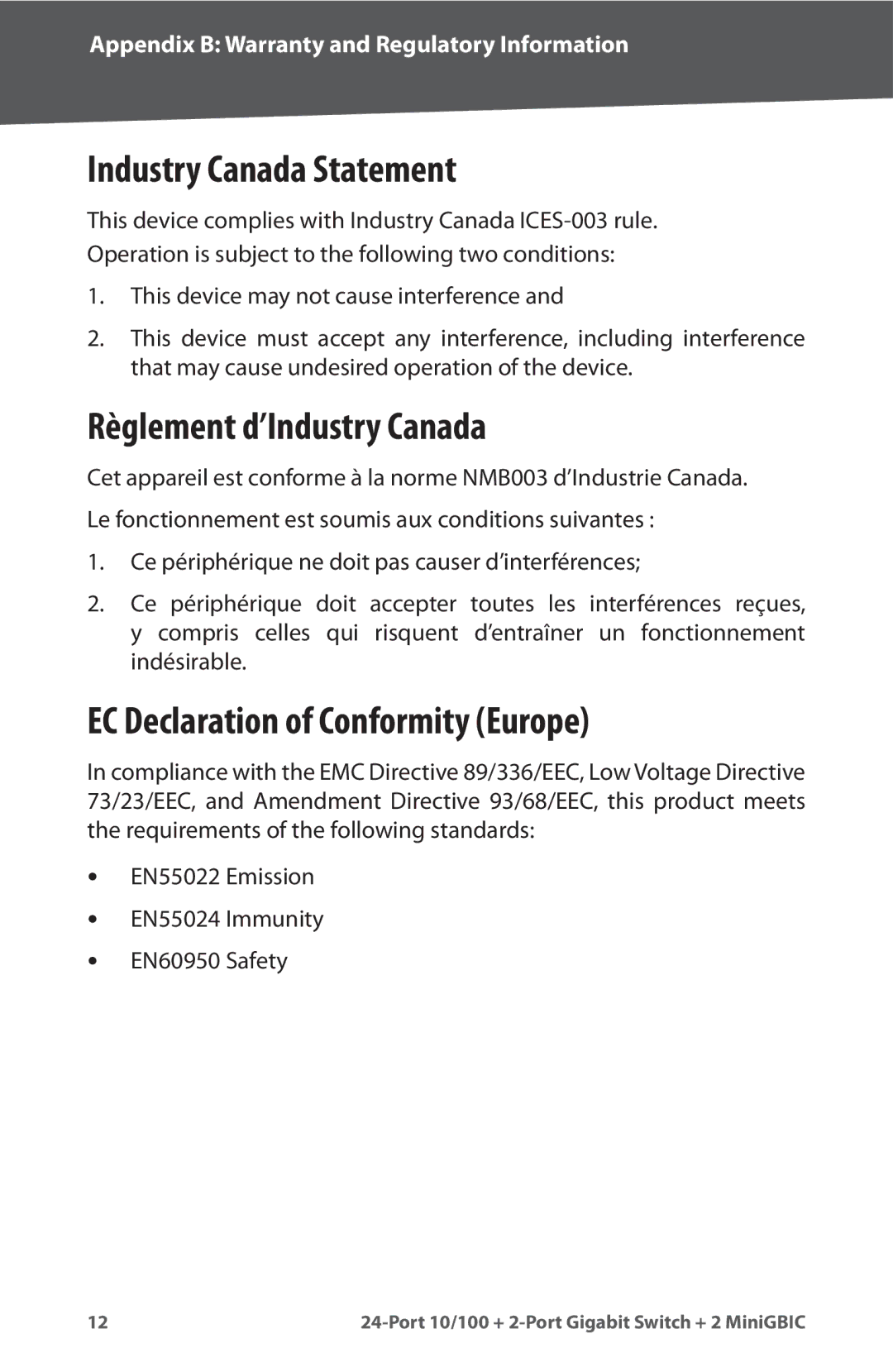 Cisco Systems SR224G manual Industry Canada Statement, Règlement d’Industry Canada, EC Declaration of Conformity Europe 