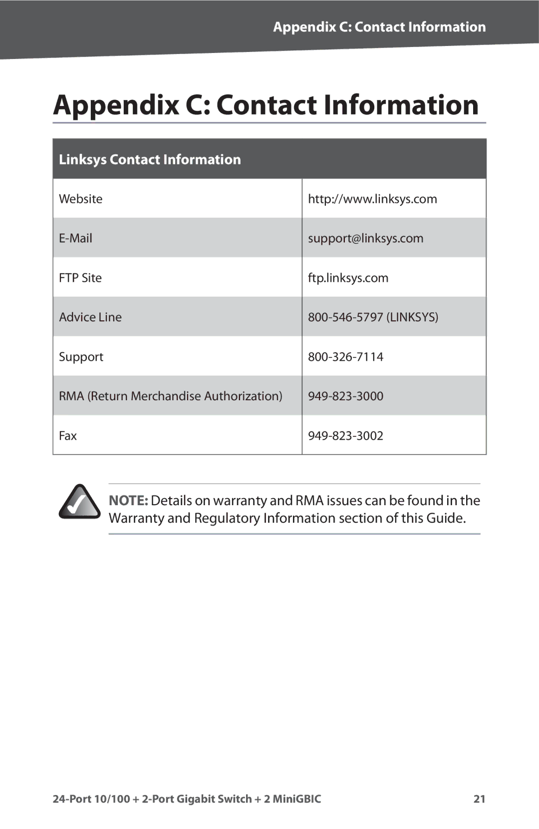 Cisco Systems SR224G manual Appendix C Contact Information, Linksys Contact Information 