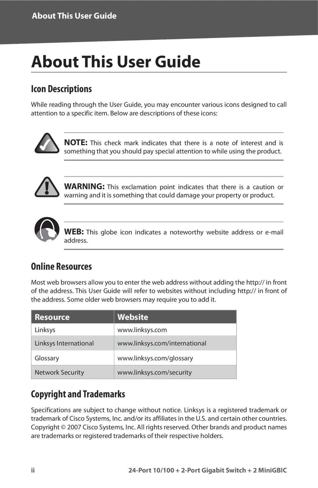 Cisco Systems SR224G manual About This User Guide, Icon Descriptions 