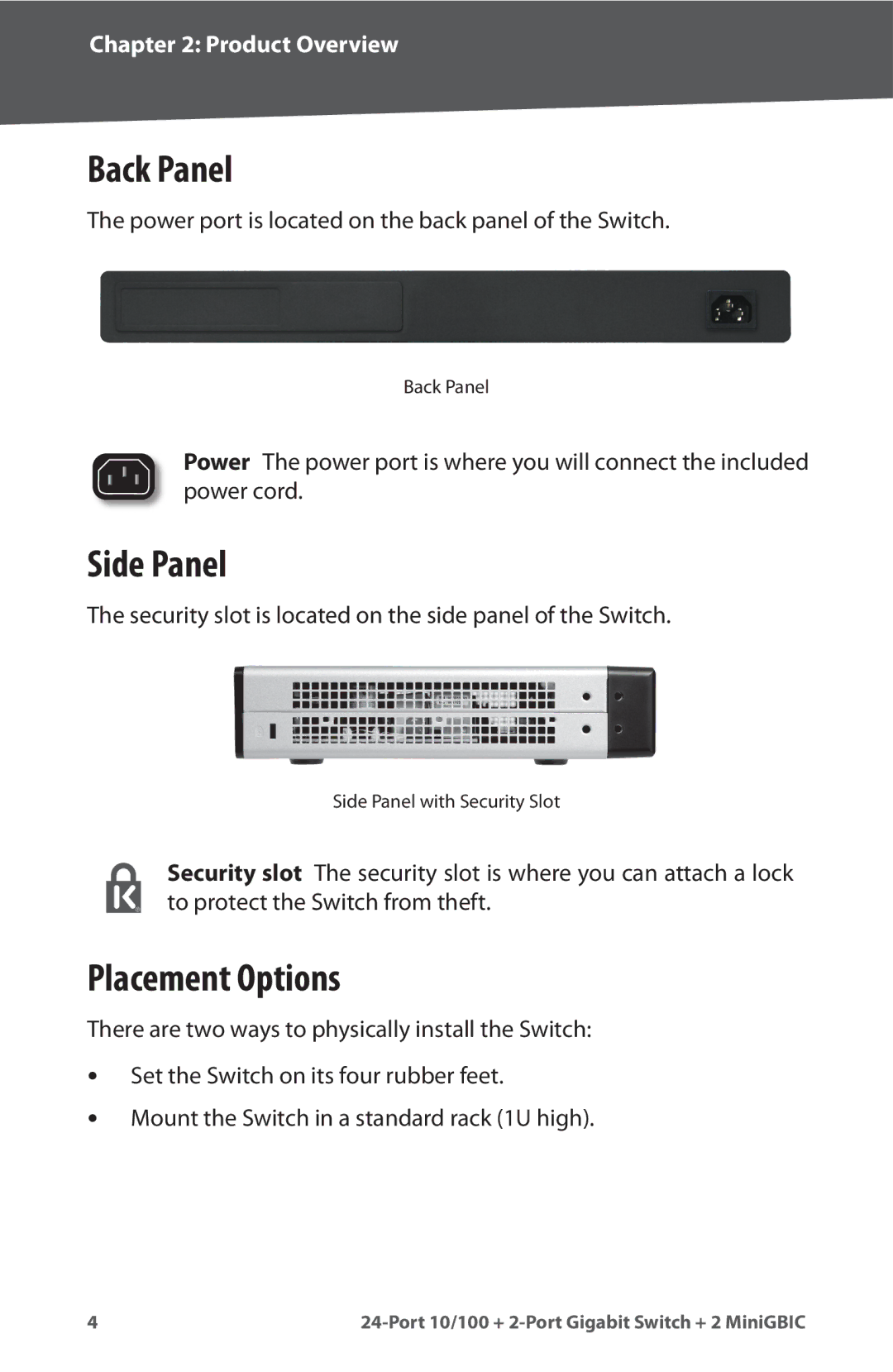 Cisco Systems SR224G manual Back Panel, Side Panel, Placement Options 