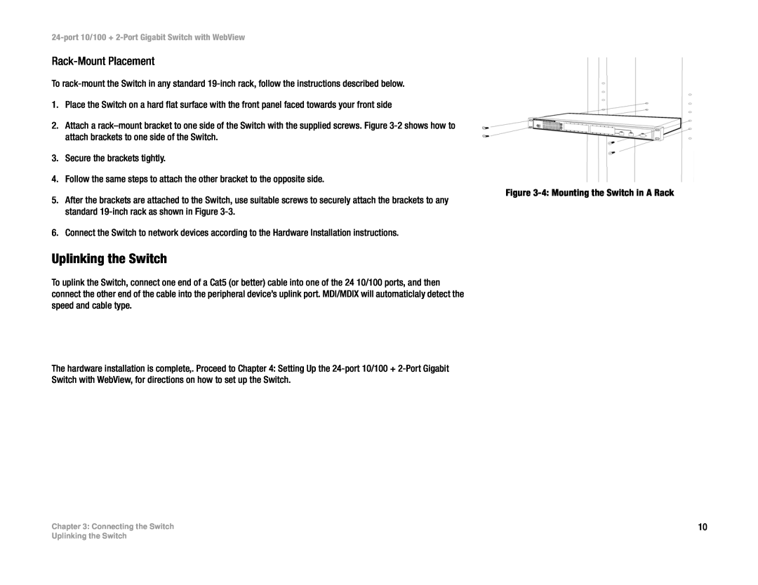 Cisco Systems SRW224 manual Uplinking the Switch, Rack-Mount Placement 