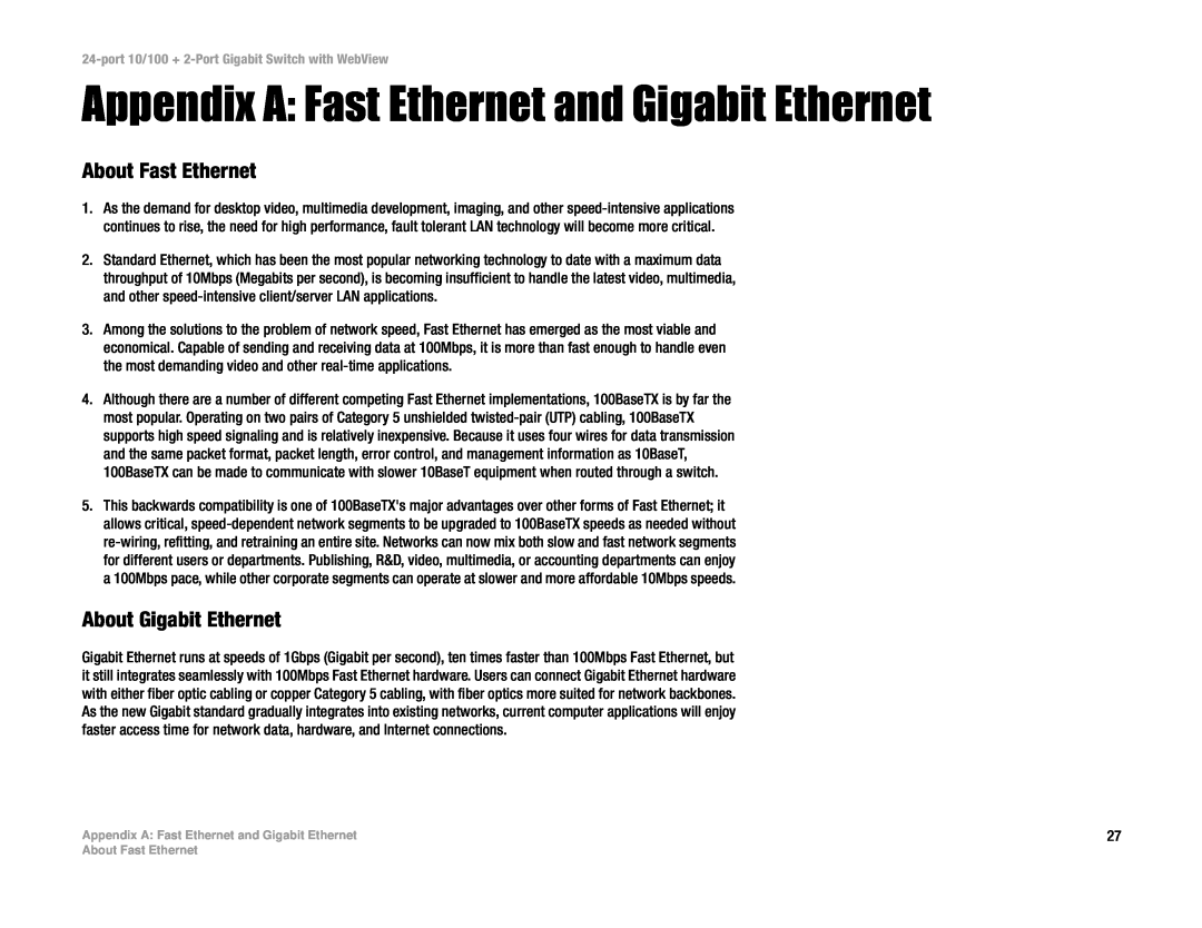 Cisco Systems SRW224 manual Appendix A Fast Ethernet and Gigabit Ethernet, About Fast Ethernet, About Gigabit Ethernet 