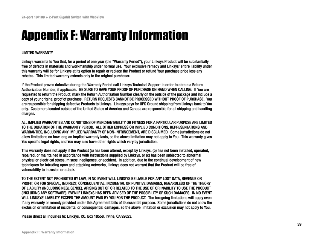 Cisco Systems SRW224 manual Appendix F Warranty Information 