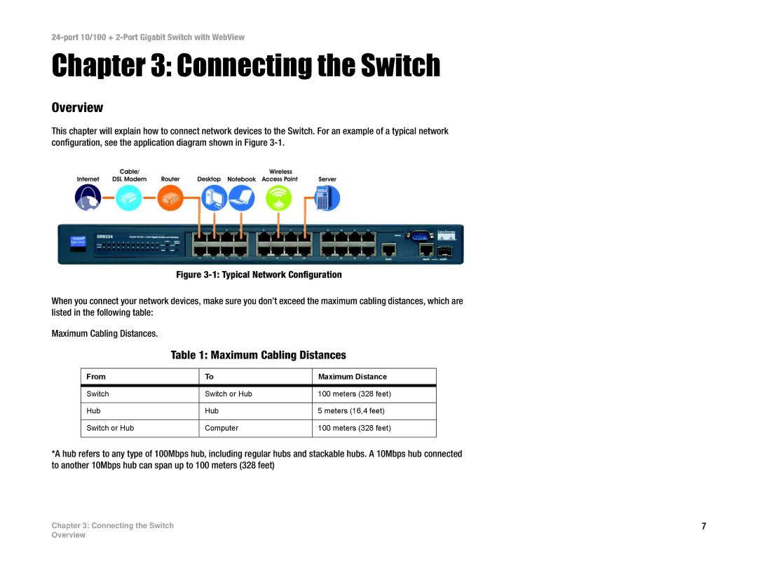 Cisco Systems SRW224 manual Connecting the Switch, Overview, Maximum Cabling Distances 