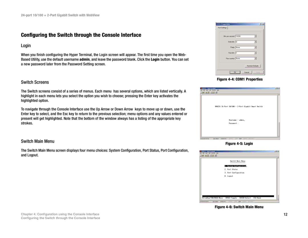 Cisco Systems SRW224 manual Configuring the Switch through the Console Interface, Login, Switch Screens, Switch Main Menu 