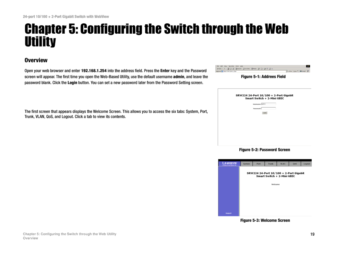 Cisco Systems SRW224 manual Configuring the Switch through the Web Utility, Password Screen 