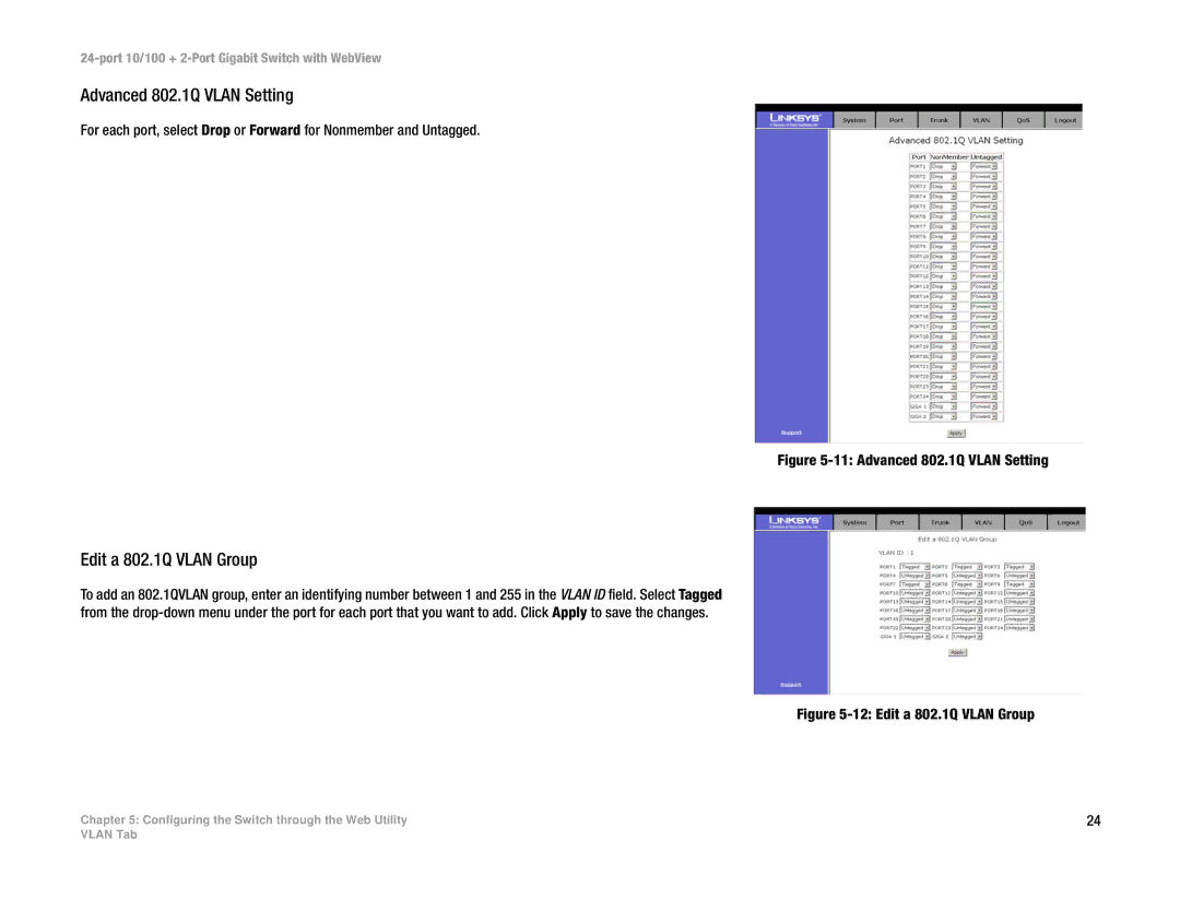 Cisco Systems SRW224 manual Advanced 802.1Q Vlan Setting, Edit a 802.1Q Vlan Group 