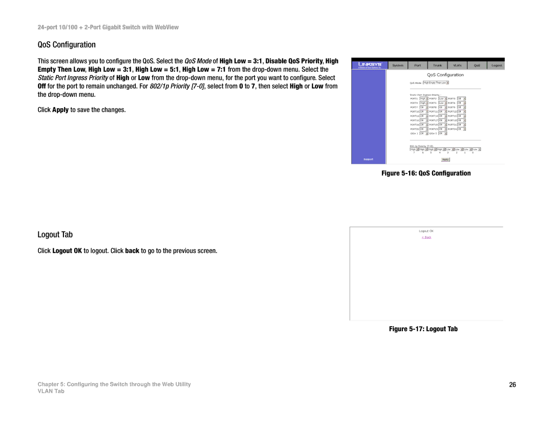 Cisco Systems SRW224 manual QoS Configuration, Logout Tab 