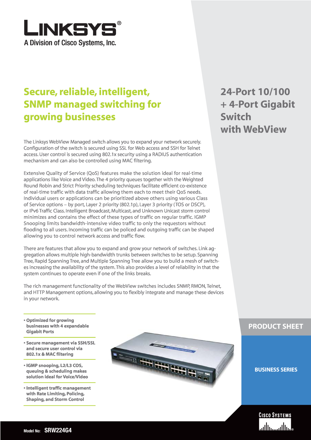 Cisco Systems SRW224G4 manual Business Series, Secure, reliable, intelligent, Port 10/100, SNMP managed switching for 