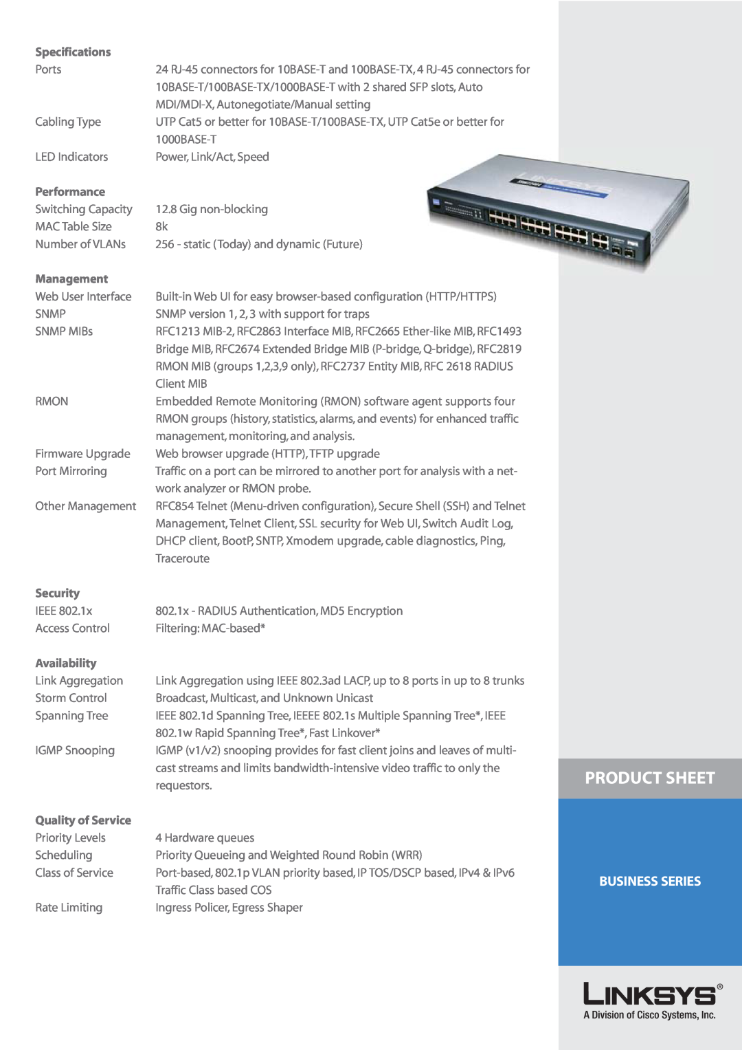 Cisco Systems SRW224G4 Product Sheet, Specifications, Performance, Management, Security, Availability, Quality of Service 