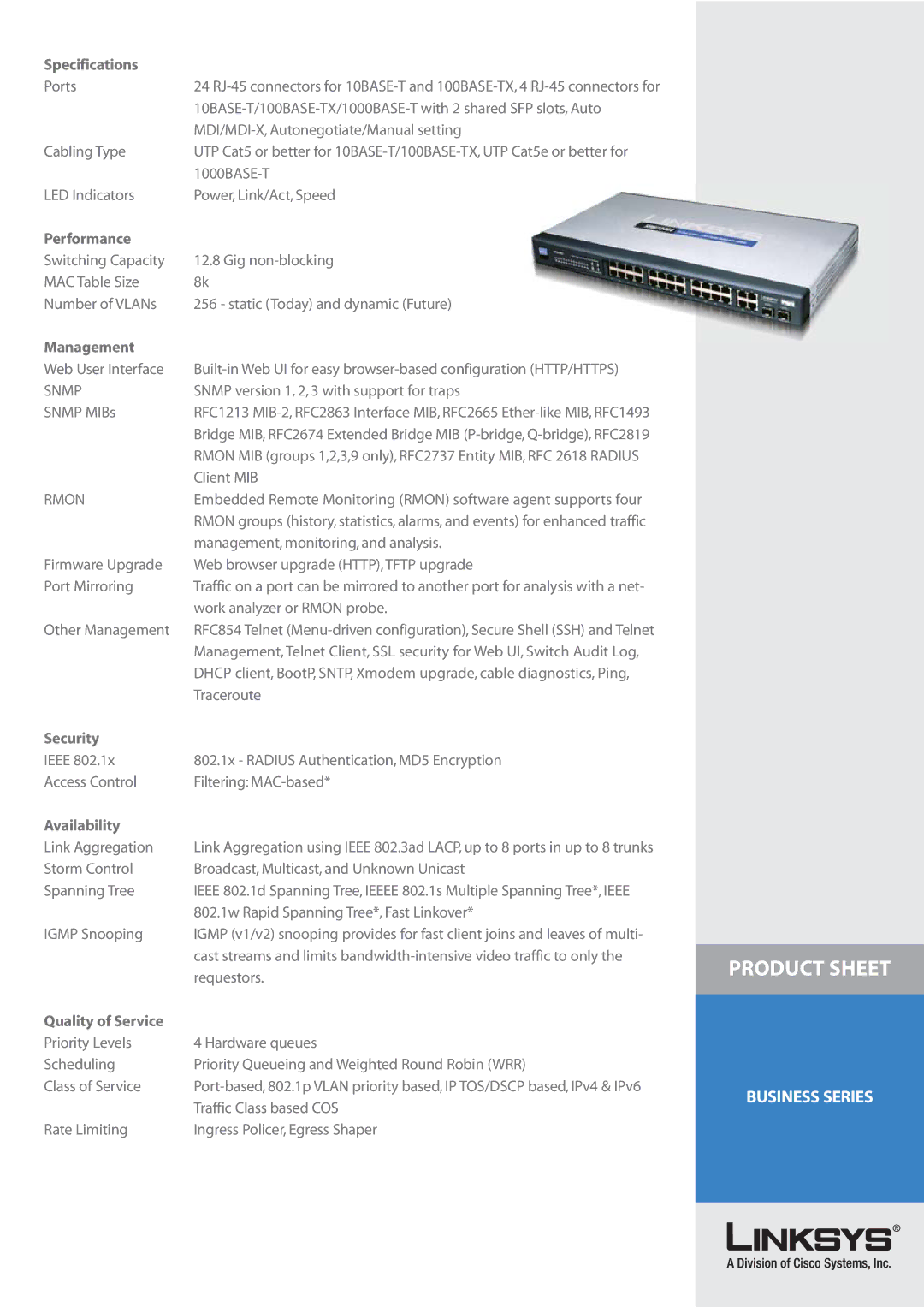 Cisco Systems SRW224G4 manual Specifications, Performance, Management, Security, Availability, Quality of Service 