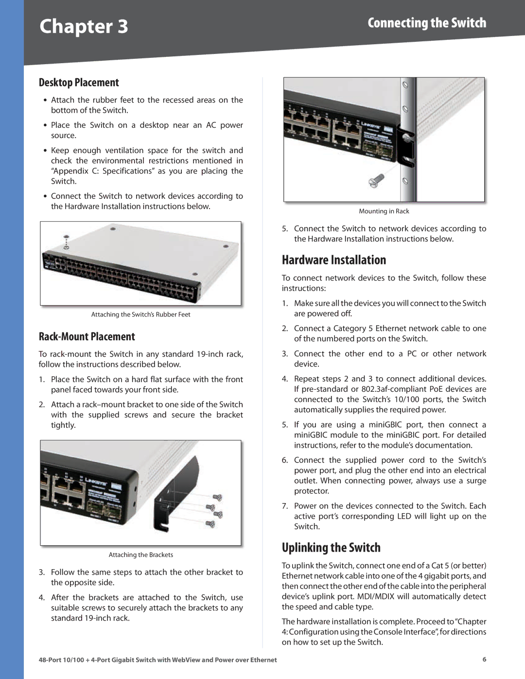 Cisco Systems SRW248G4P manual Hardware Installation, Uplinking the Switch, Desktop Placement, Rack-Mount Placement 