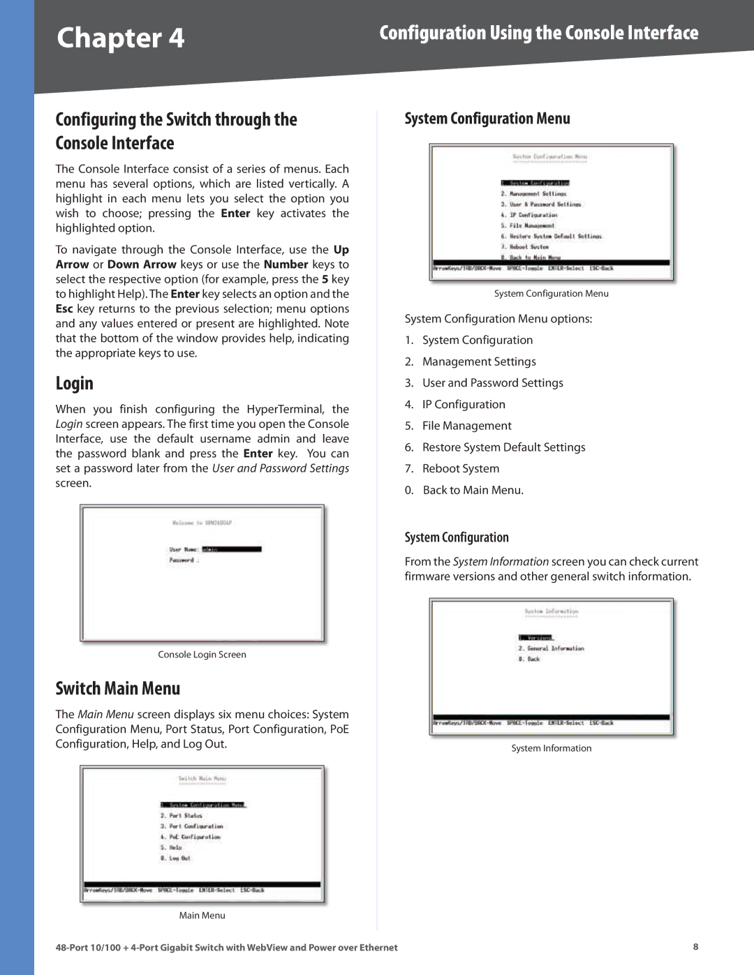 Cisco Systems SRW248G4P manual Login, Switch Main Menu, System Configuration Menu 