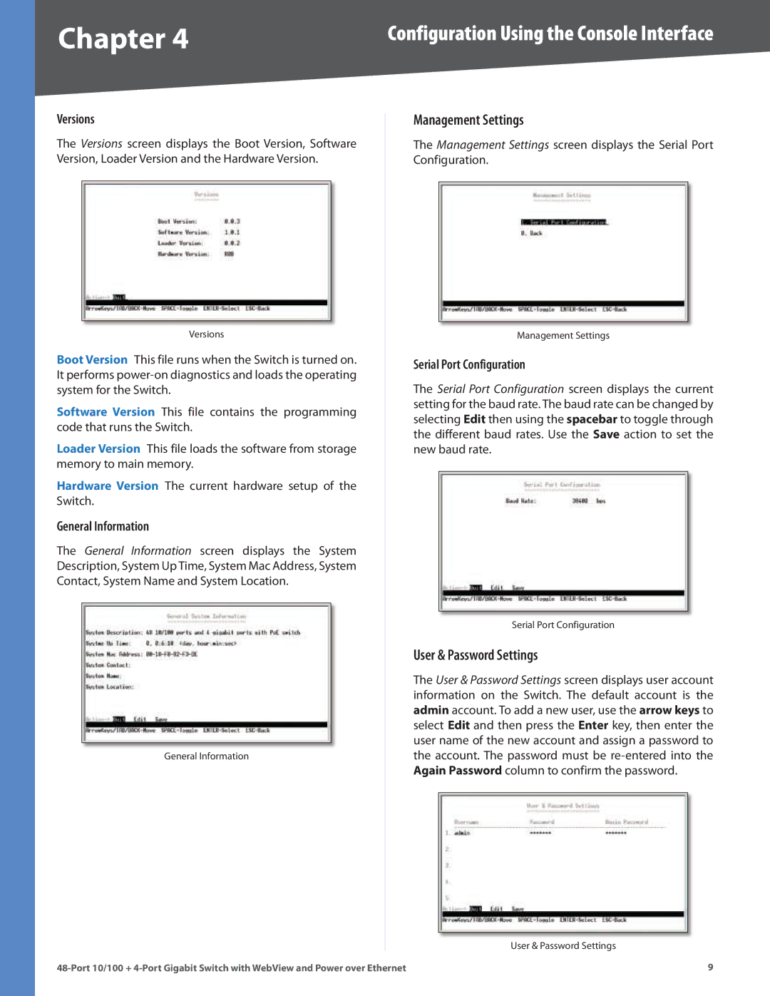 Cisco Systems SRW248G4P manual Management Settings, User & Password Settings 