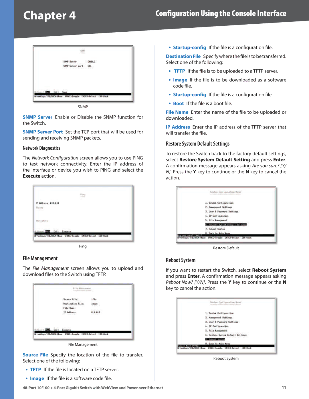 Cisco Systems SRW248G4P manual File Management, Restore System Default Settings, Reboot System 