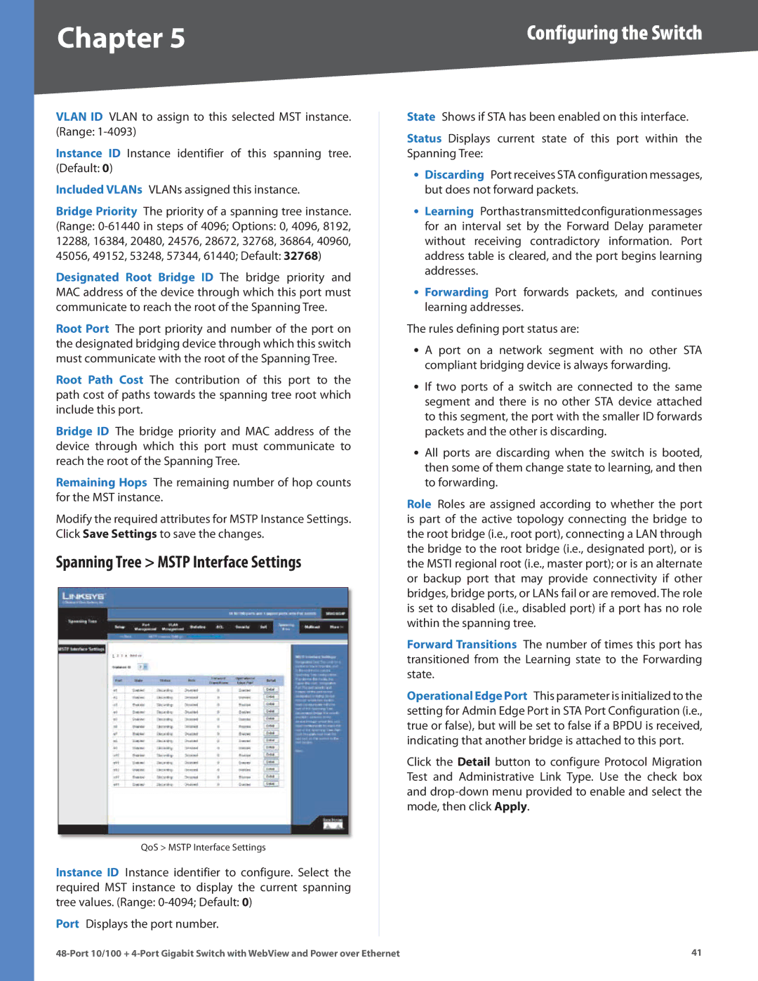 Cisco Systems SRW248G4P manual Spanning Tree Mstp Interface Settings 