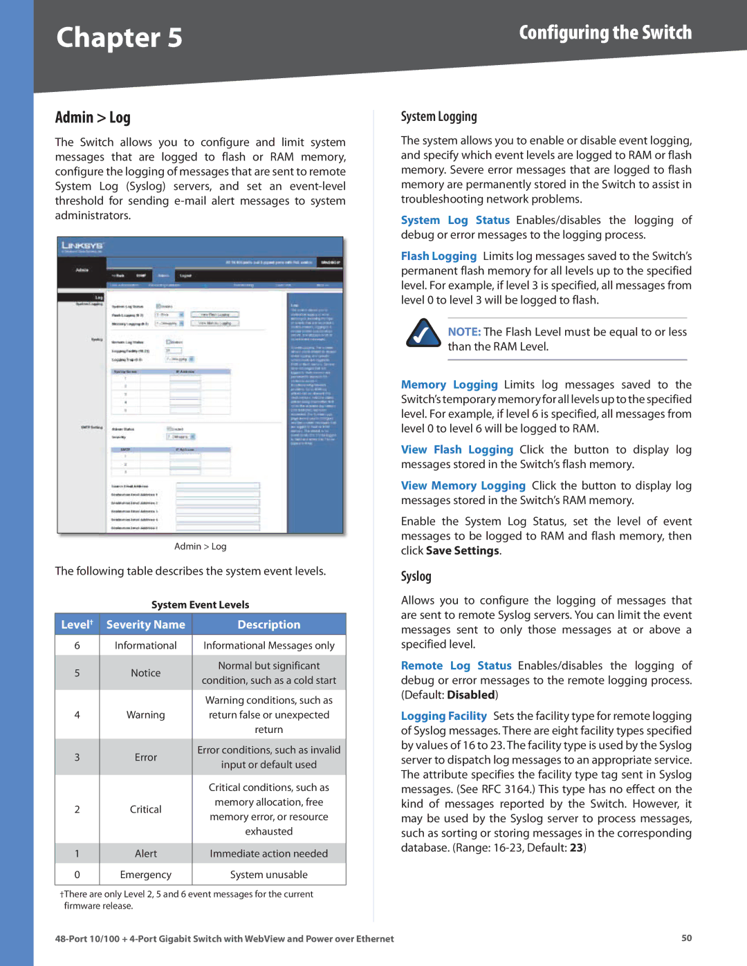 Cisco Systems SRW248G4P manual Admin Log, System Logging, Syslog 