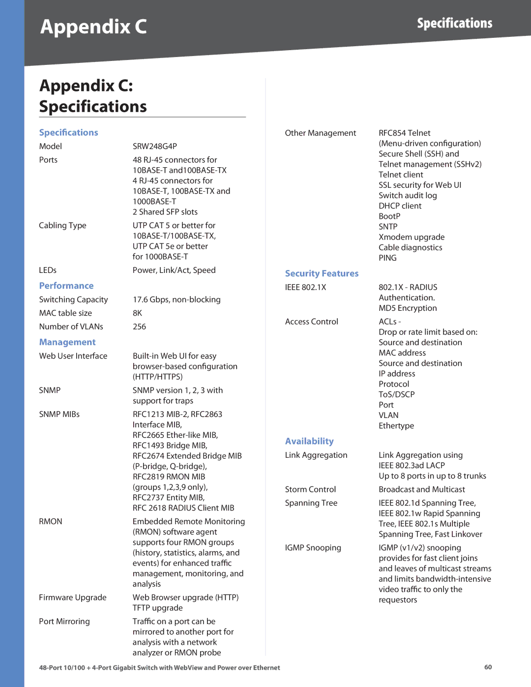 Cisco Systems SRW248G4P manual Appendix C Specifications 