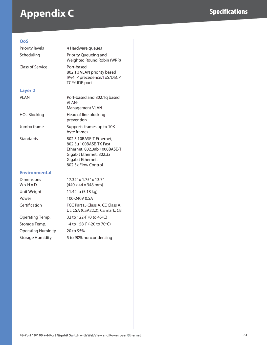 Cisco Systems SRW248G4P manual Specifications 