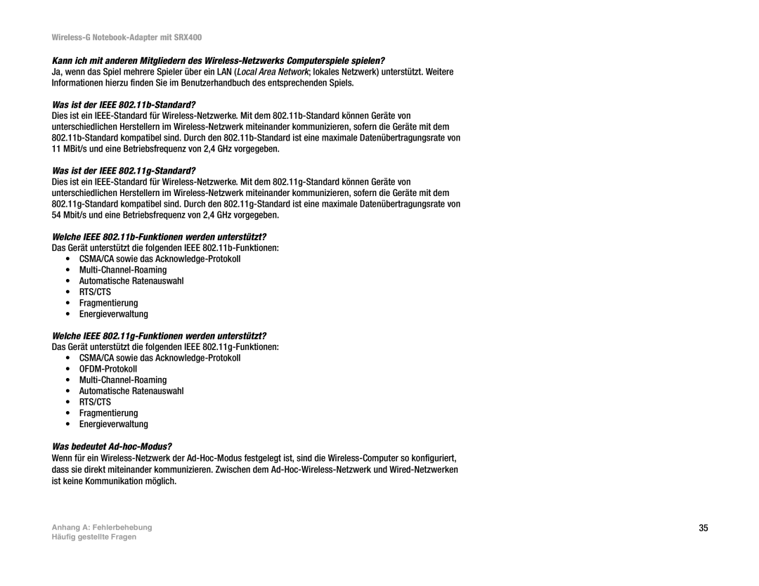 Cisco Systems SRX400 Was ist der Ieee 802.11b-Standard?, Was ist der Ieee 802.11g-Standard?, Was bedeutet Ad-hoc-Modus? 