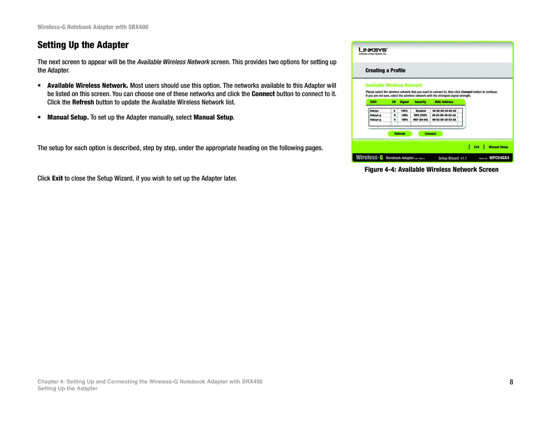 Cisco Systems SRX400 manual Setting Up the Adapter, Available Wireless Network Screen 