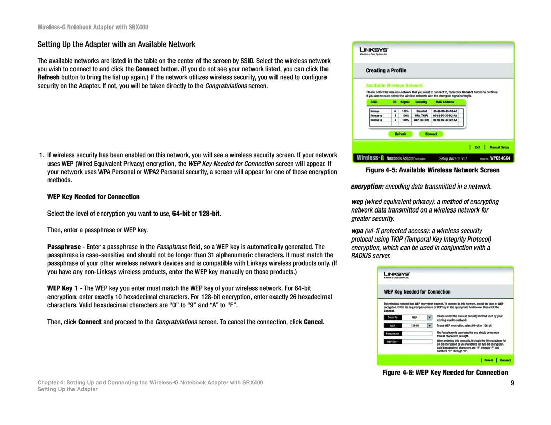 Cisco Systems SRX400 manual Setting Up the Adapter with an Available Network, WEP Key Needed for Connection 