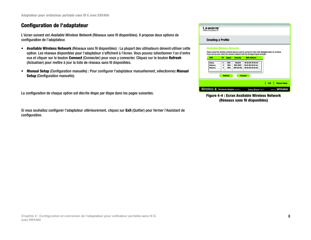 Cisco Systems SRX400 manual Configuration de ladaptateur 