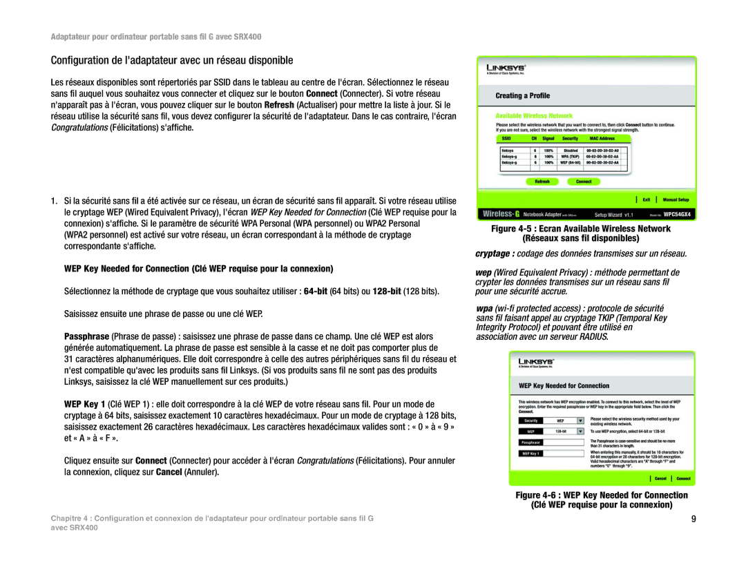 Cisco Systems SRX400 manual Configuration de ladaptateur avec un réseau disponible 