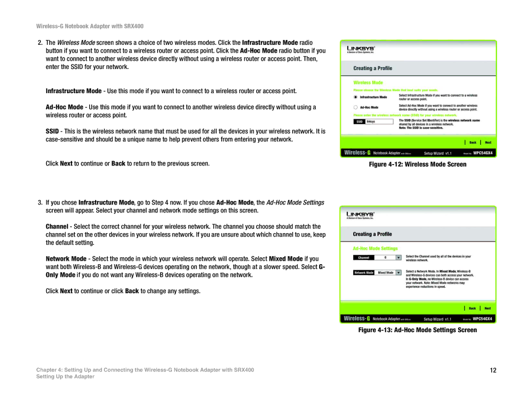 Cisco Systems SRX400 manual Click Next to continue or click Back to change any settings, Wireless Mode Screen 