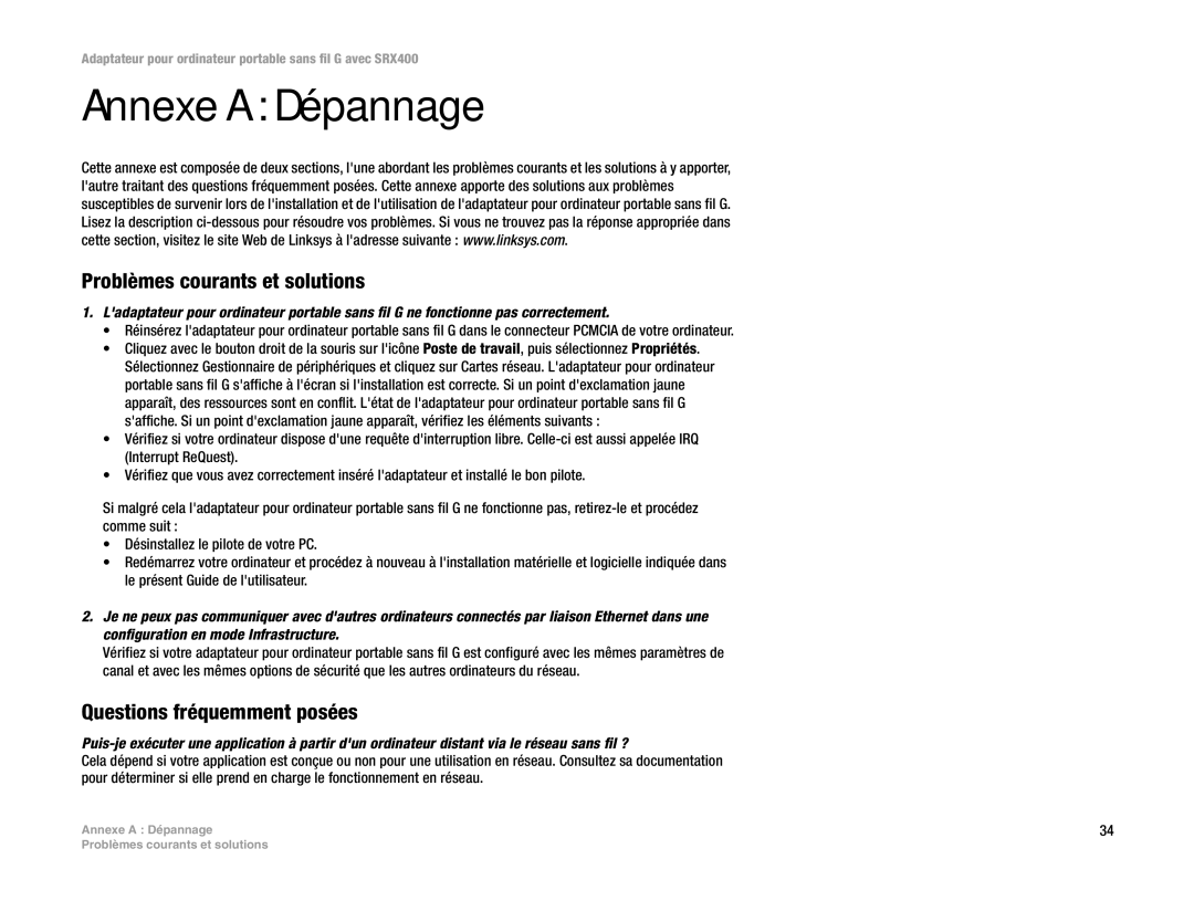 Cisco Systems SRX400 manual Annexe a Dépannage, Problèmes courants et solutions, Questions fréquemment posées 