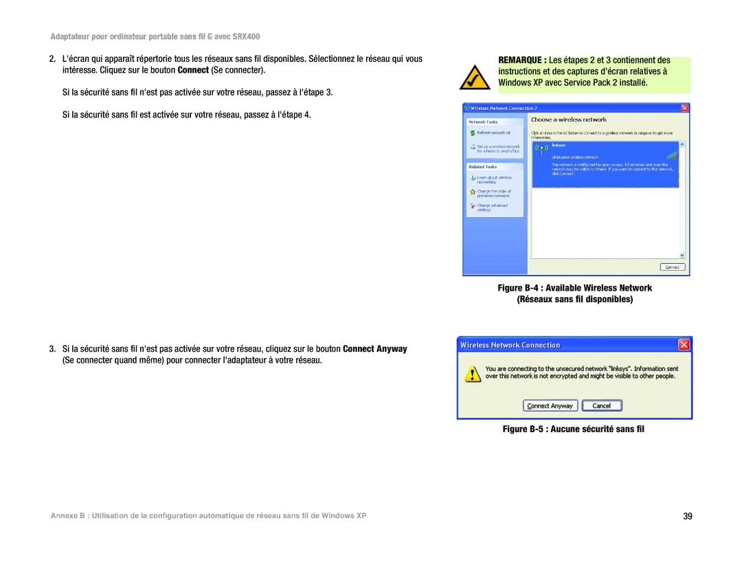 Cisco Systems SRX400 manual Figure B-5 Aucune sécurité sans fil 