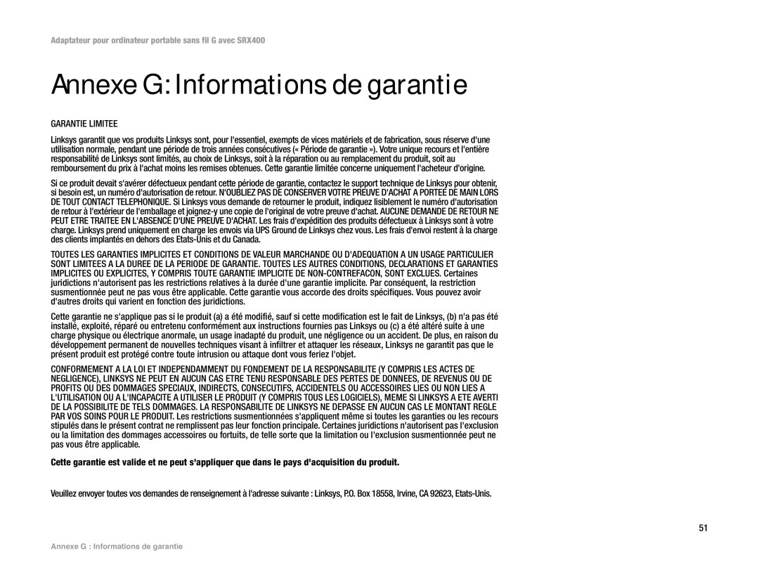 Cisco Systems SRX400 manual Annexe G Informations de garantie, Garantie Limitee 